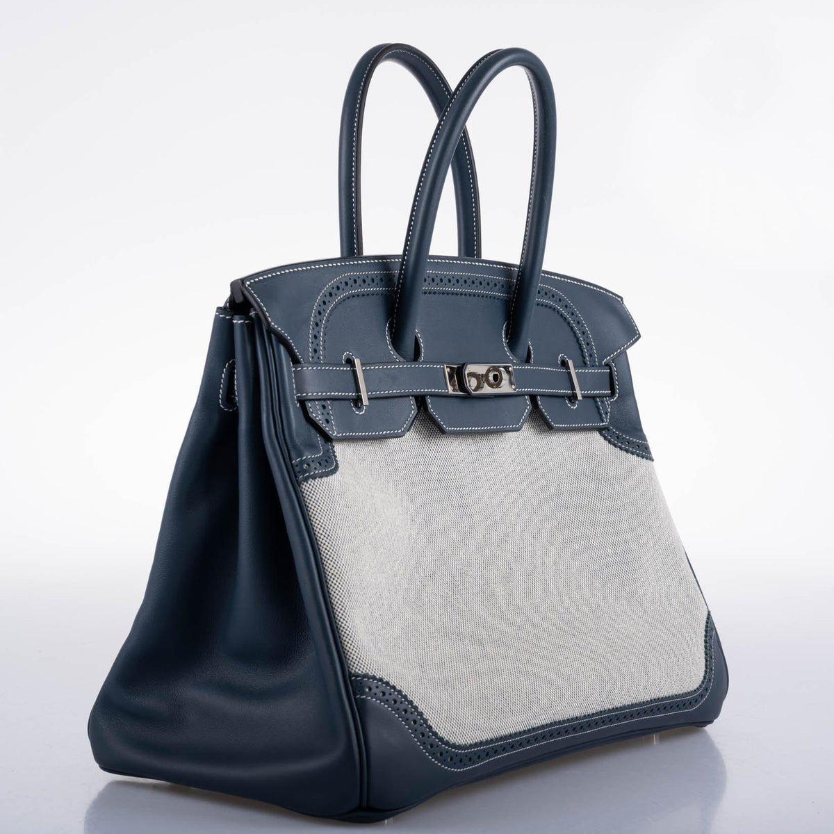 Hermès Ghillies Birkin 35 Blue de Prusse Swift & Toile with Palladium Hardware - 2014, R Square - photo 3