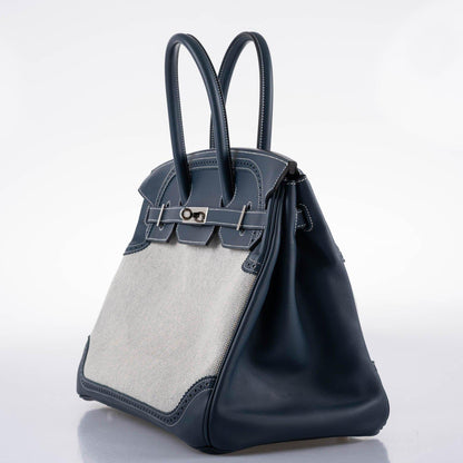 Hermès Ghillies Birkin 35 Blue de Prusse Swift & Toile with Palladium Hardware - 2014, R Square - photo 4