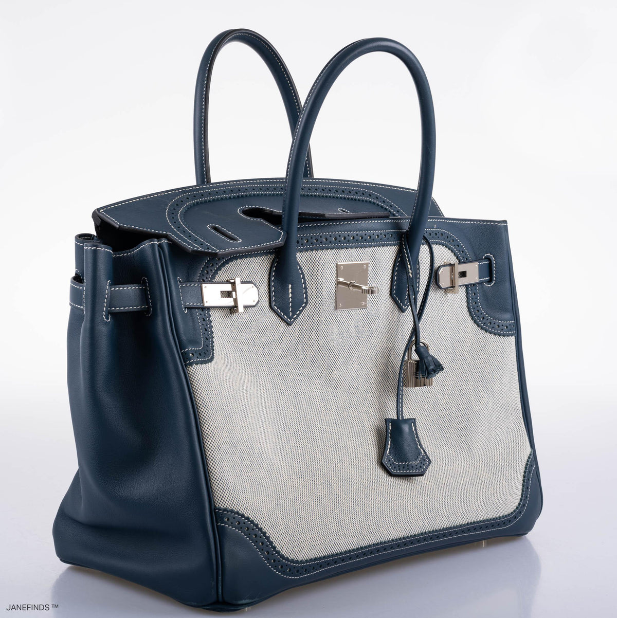 Hermès Ghillies Birkin 35 Blue de Prusse Swift & Toile with Palladium Hardware - 2014, R Square - photo 6
