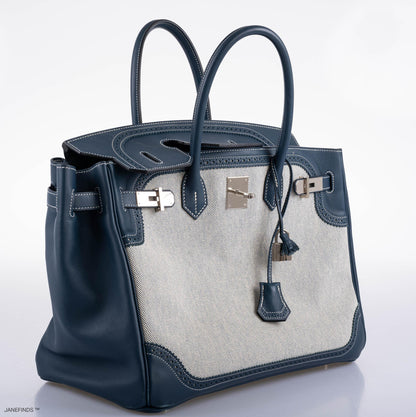 Hermès Ghillies Birkin 35 Blue de Prusse Swift & Toile with Palladium Hardware - 2014, R Square - photo 6