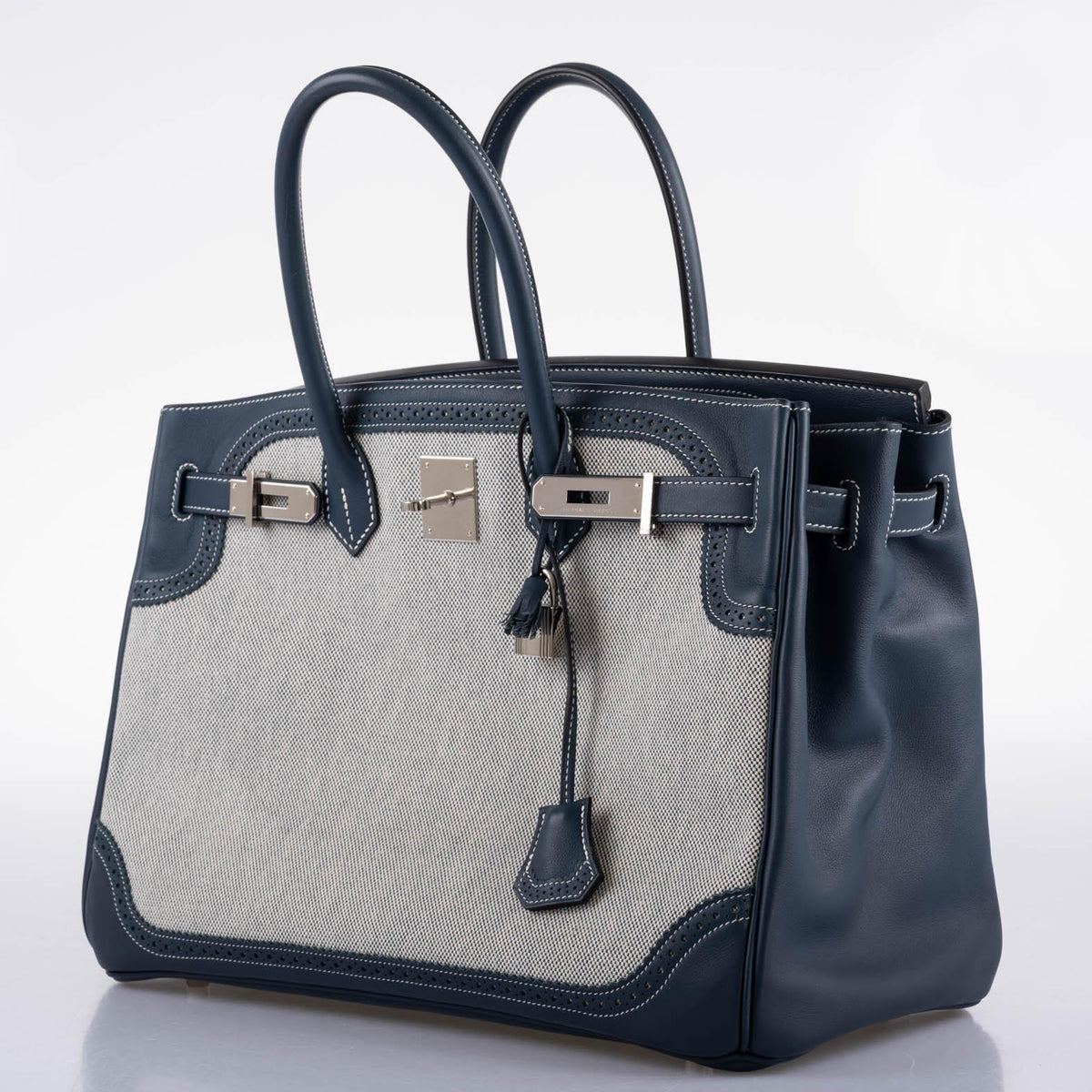Hermès Ghillies Birkin 35 Blue de Prusse Swift & Toile with Palladium Hardware - 2014, R Square - photo 7