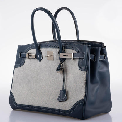 Hermès Ghillies Birkin 35 Blue de Prusse Swift & Toile with Palladium Hardware - 2014, R Square - photo 7