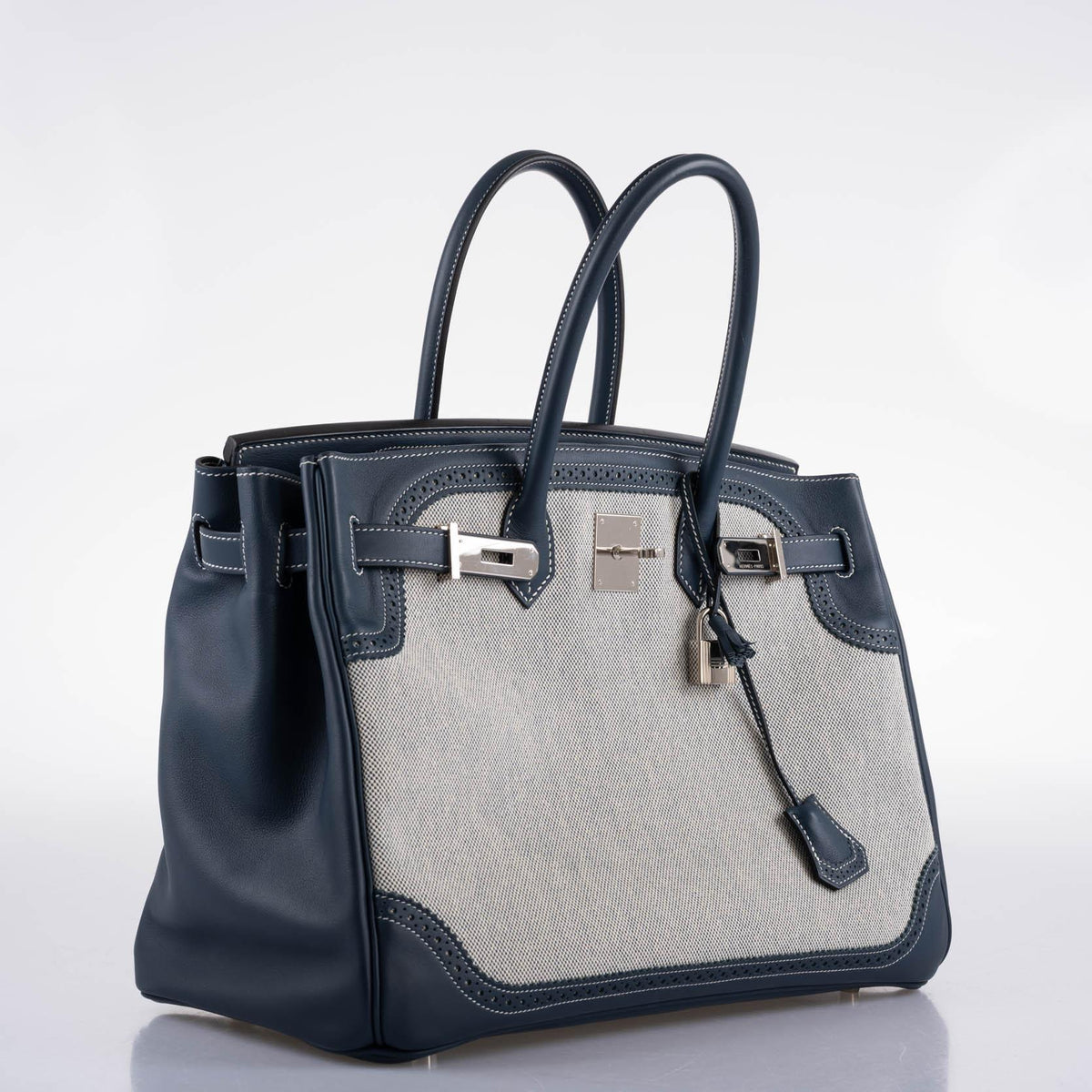 Hermès Ghillies Birkin 35 Blue de Prusse Swift & Toile with Palladium Hardware - 2014, R Square - photo 8