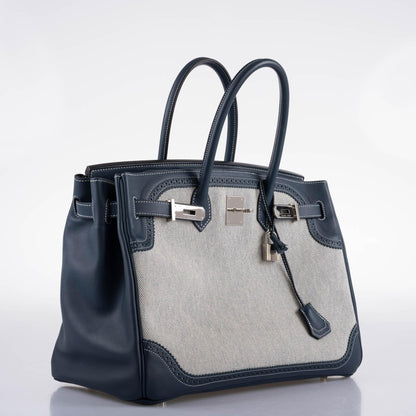 Hermès Ghillies Birkin 35 Blue de Prusse Swift & Toile with Palladium Hardware - 2014, R Square - photo 8