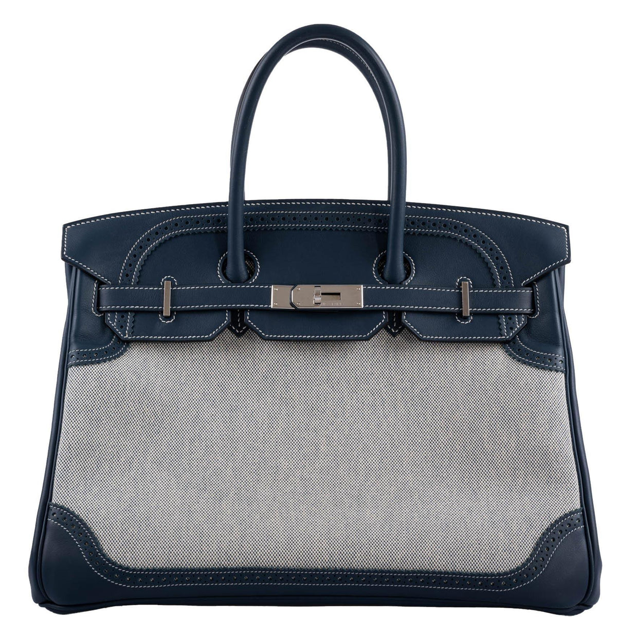 Hermès Ghillies Birkin 35 Blue de Prusse Swift & Toile with Palladium Hardware - 2014, R Square - photo 1