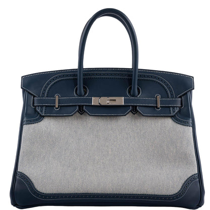Hermès Ghillies Birkin 35 Blue de Prusse Swift & Toile with Palladium Hardware - 2014, R Square - photo 1