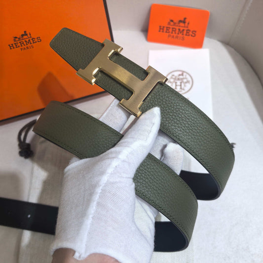 Hermès H Striee Belt Buckle & Reversible Leather Strap 32 mm - Khaki & Yellow Gold - photo 1