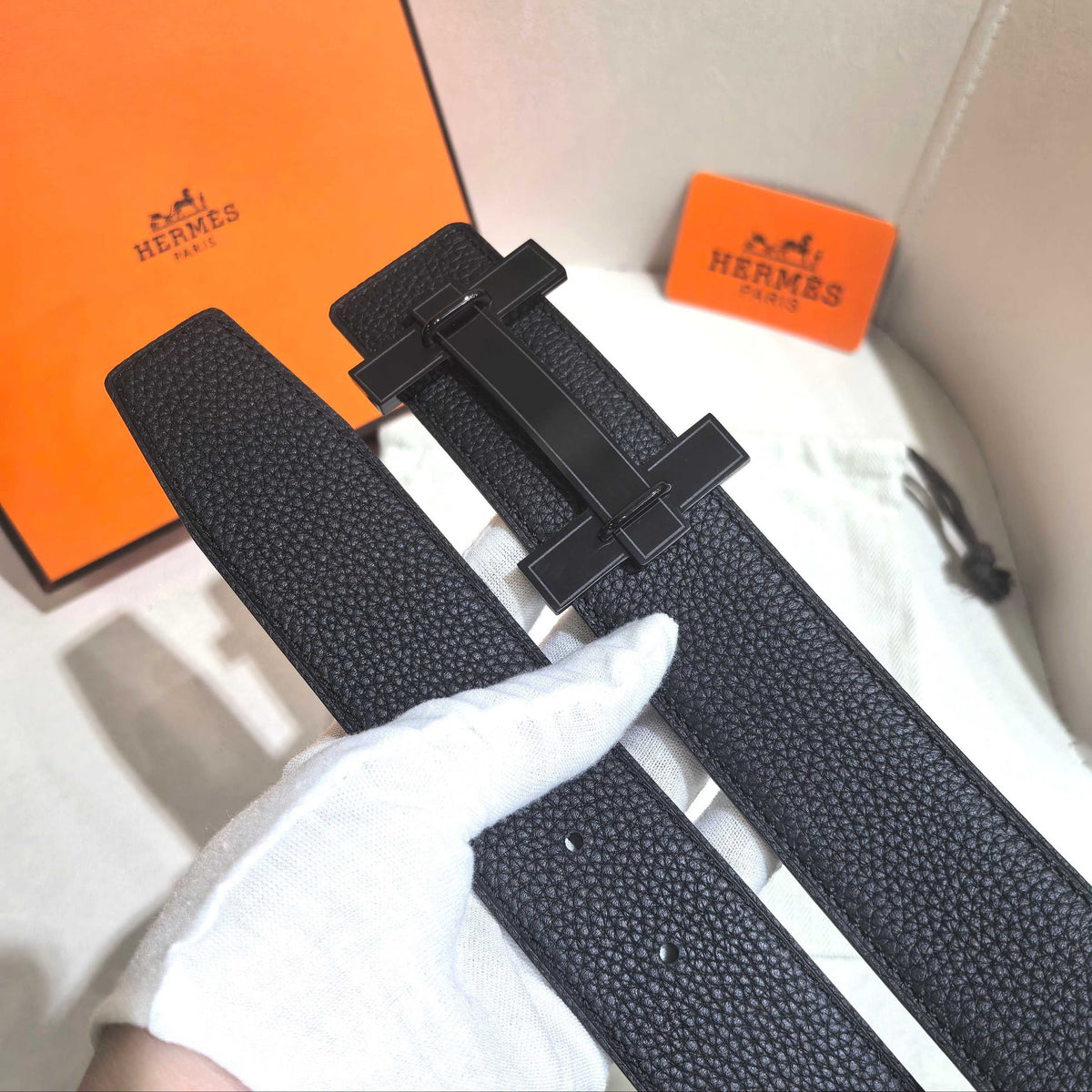 Hermès H au Carre Belt Buckle & Reversible Leather Strap 32 mm - All Black PVD - photo 2