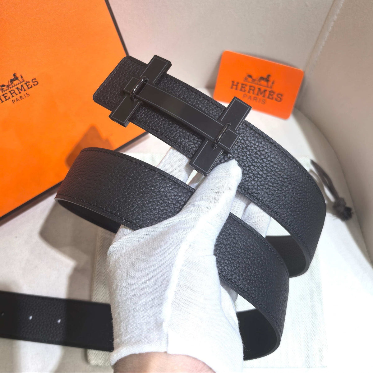 Hermès H au Carre Belt Buckle & Reversible Leather Strap 32 mm - All Black PVD - photo 5