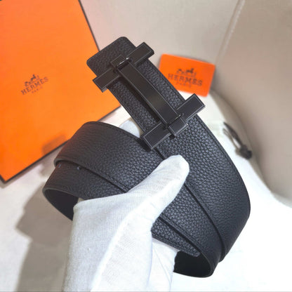 Hermès H au Carre Belt Buckle & Reversible Leather Strap 32 mm - All Black PVD - photo 1