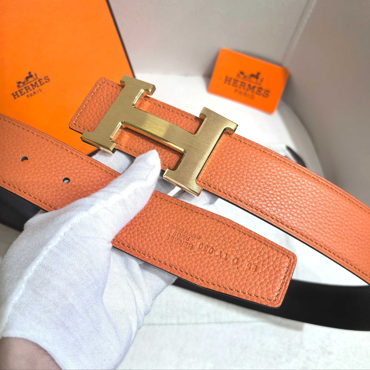 Hermès H au Carre Belt Buckle & Reversible Leather Strap 32 mm - Orange & Black - photo 5