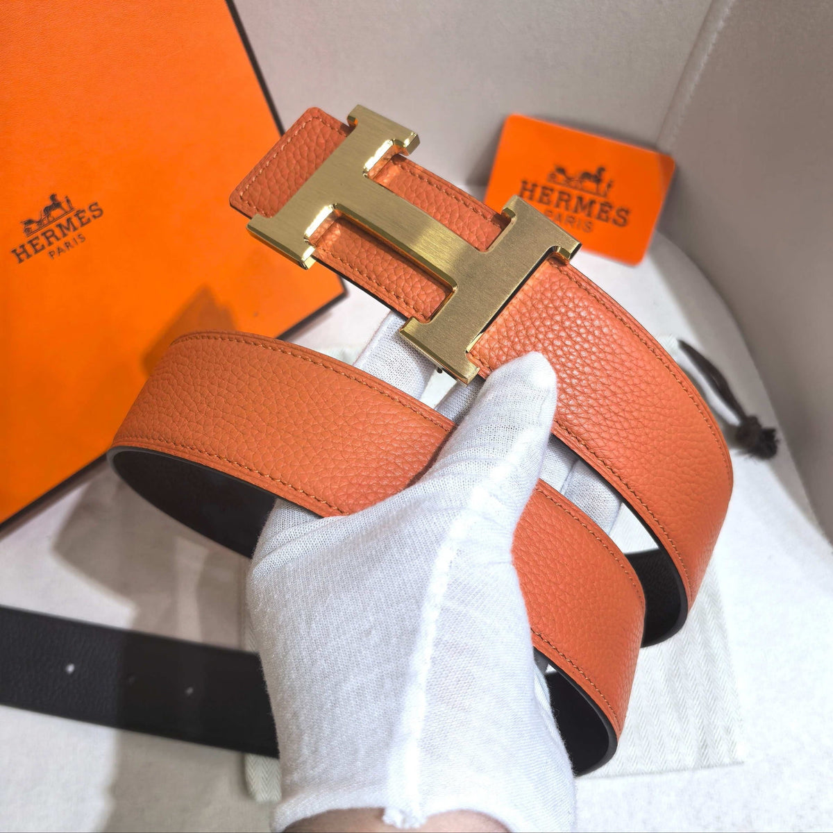 Hermès H au Carre Belt Buckle & Reversible Leather Strap 32 mm - Orange & Black - photo 6