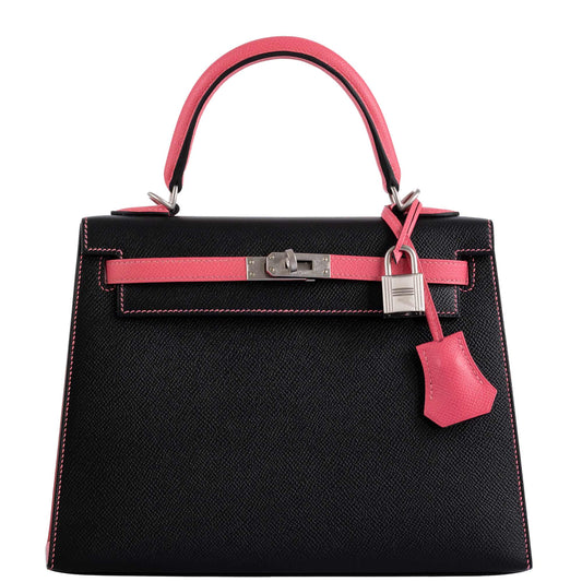 Hermes HSS Kelly 25 Sellier Rose Azalee & Black Epsom with Brushed Palladium Hardware - 2019, D - image 1
