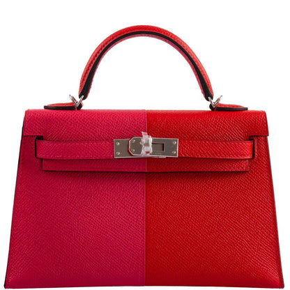 Hermes Kelly 20 Mini II Sellier Tri-color Rose Extreme, Rouge de Coeur, Bleu Zanzibar Epsom Palladium - 2021, Z - image 11
