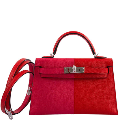 Hermes Kelly 20 Mini II Sellier Tri-color Rose Extreme, Rouge de Coeur, Bleu Zanzibar Epsom Palladium - 2021, Z - image 4