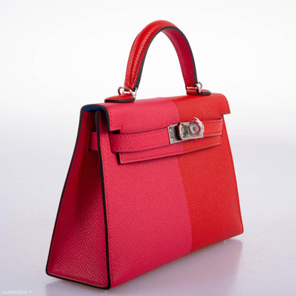Hermes Kelly 20 Mini II Sellier Tri-color Rose Extreme, Rouge de Coeur, Bleu Zanzibar Epsom Palladium - 2021, Z - image 5