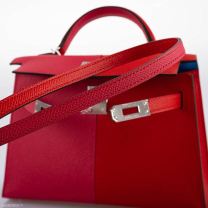 Hermes Kelly 20 Mini II Sellier Tri-color Rose Extreme, Rouge de Coeur, Bleu Zanzibar Epsom Palladium - 2021, Z - image 7