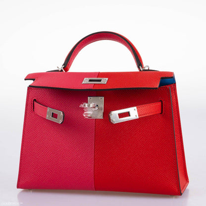 Hermes Kelly 20 Mini II Sellier Tri-color Rose Extreme, Rouge de Coeur, Bleu Zanzibar Epsom Palladium - 2021, Z - image 8