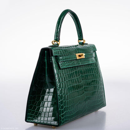 Hermes Kelly 25 HSS Sellier Emerald Nilo Crocodile & Cassis Brushed Gold Hardware - 2018, C - image 11