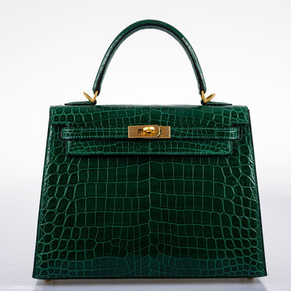 Hermes Kelly 25 HSS Sellier Emerald Nilo Crocodile & Cassis Brushed Gold Hardware - 2018, C - image 12