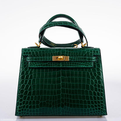 Hermes Kelly 25 HSS Sellier Emerald Nilo Crocodile & Cassis Brushed Gold Hardware - 2018, C - image 13