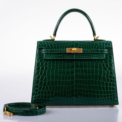 Hermes Kelly 25 HSS Sellier Emerald Nilo Crocodile & Cassis Brushed Gold Hardware - 2018, C - image 14