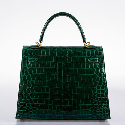 Hermes Kelly 25 HSS Sellier Emerald Nilo Crocodile & Cassis Brushed Gold Hardware - 2018, C - image 17