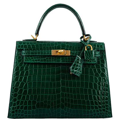 Hermes Kelly 25 HSS Sellier Emerald Nilo Crocodile & Cassis Brushed Gold Hardware - 2018, C - image 1