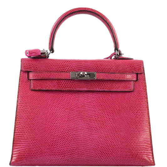 Hermès Kelly 25 Sellier Fuschia Pink Lizard Palladium Hardware - 1997, A Square - photo 1