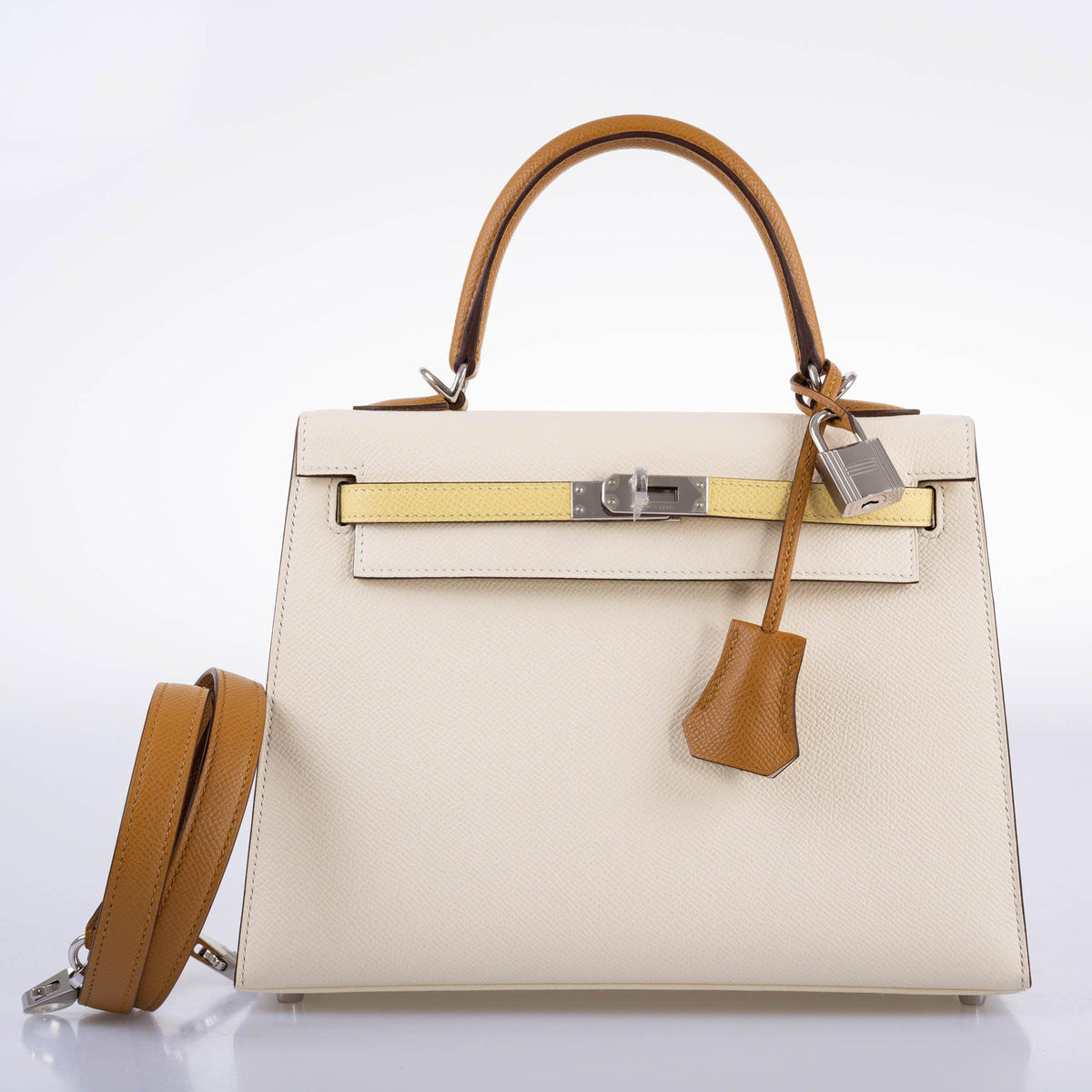 Hermes Kelly 25 Sellier Limited Edition Tri-Color Nata, Jaune Poussin and Sesame Epsom Palladium Hardware - 2020, Y - image 3