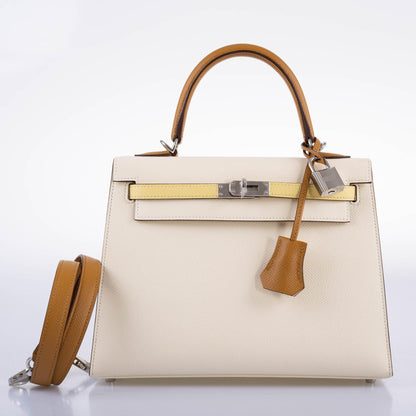 Hermes Kelly 25 Sellier Limited Edition Tri-Color Nata, Jaune Poussin and Sesame Epsom Palladium Hardware - 2020, Y - image 3