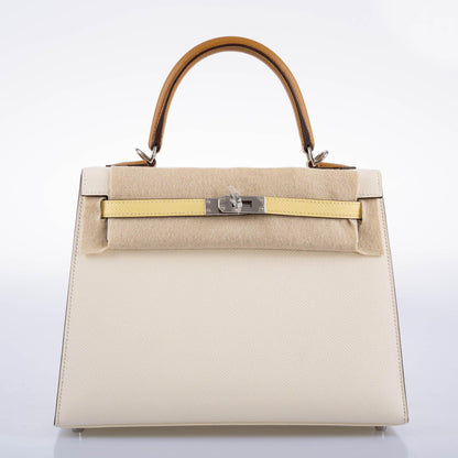 Hermes Kelly 25 Sellier Limited Edition Tri-Color Nata, Jaune Poussin and Sesame Epsom Palladium Hardware - 2020, Y - image 5