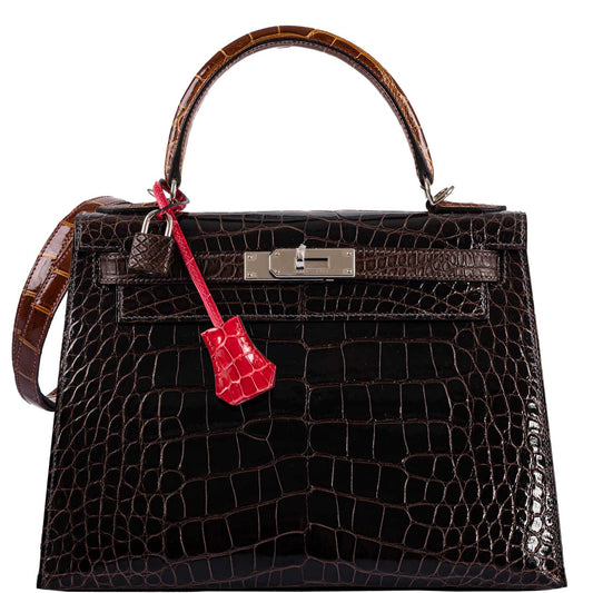 Hermes Kelly 28 Sellier Macassar, Ebene, Miel and Rose Extreme Alligator Palladium Hardware - 2021, Z - image 1