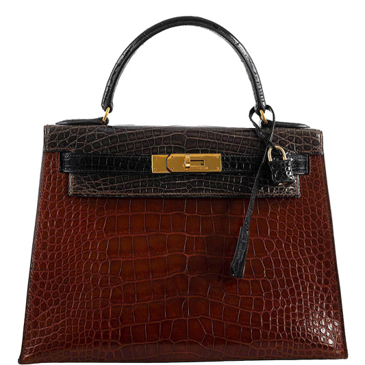 Hermes Kelly 28 Sellier Miel, Graphite & Black Alligator with Gold Hardware - 1995, Y Circle - image 1
