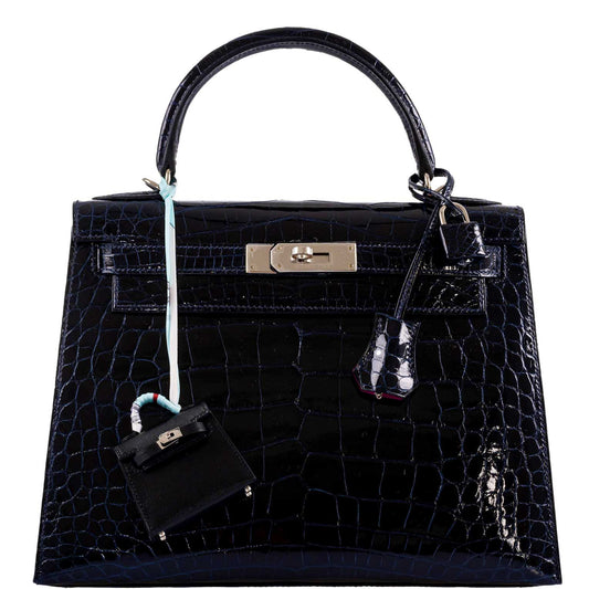 Hermes Kelly 28 Sellier Verso Blue Marine Nilo Crocodile & Rose Scheherazade Palladium Hardware - 2019, D - image 1