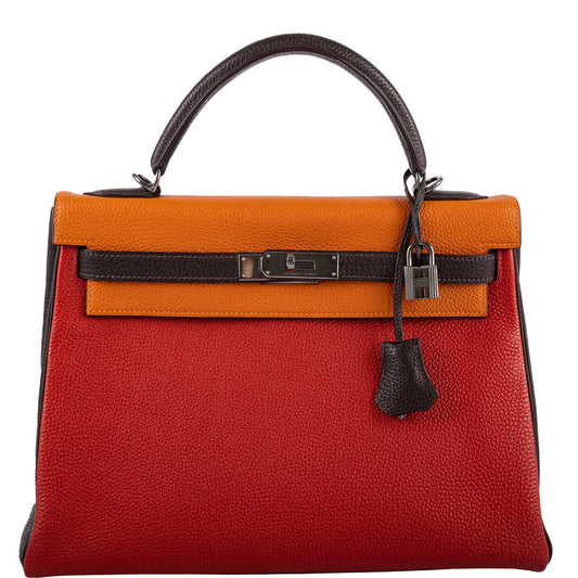 Hermes Kelly 32 Retourne Orange H, Rouge Vif & Ebene Togo with Ruthenium Hardware - 2006, J Square - image 1