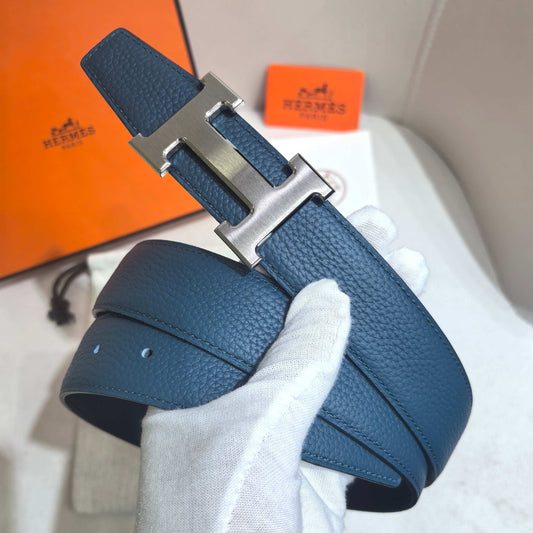 Hermès Large Classic Reversible Belt 32 mm - Deep Blue & Black with Brushed Silver - photo 1