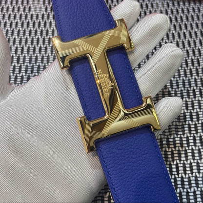 Hermès Leather Belt in Electric Blue with H Buckle 32mm - Gold Guilloché Hardware - photo 2