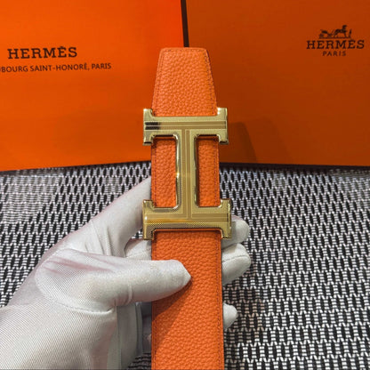 Hermès Leather Belt in Orange with H Buckle 32mm - Gold Guilloché Hardware - photo 2