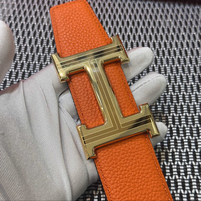 Hermès Leather Belt in Orange with H Buckle 32mm - Gold Guilloché Hardware - photo 3