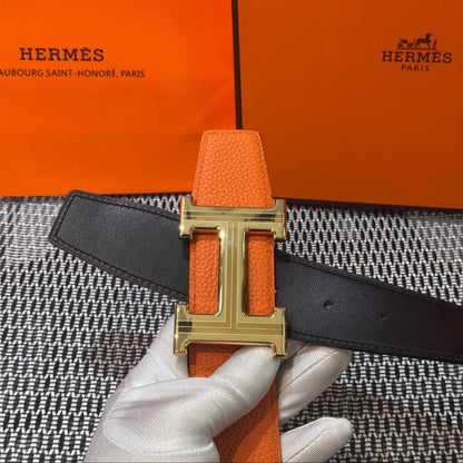 Hermès Leather Belt in Orange with H Buckle 32mm - Gold Guilloché Hardware - photo 4