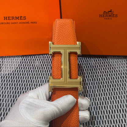 Hermès Leather Belt in Orange with H Buckle 32mm - Gold Guilloché Hardware - photo 5