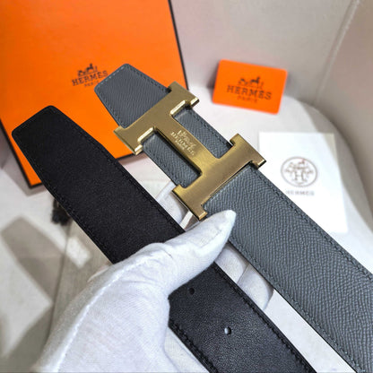 Hermès Leather Belt in Taupe Gray with H Gold Buckle 32mm - Reversible - photo 2