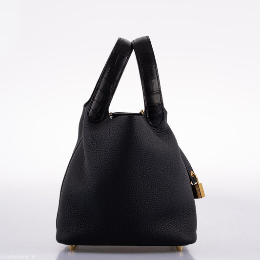 Hermès Picotin Lock Touch 18 PM Black Taurillon Clemence & Matte Alligator Gold Hardware - photo 2