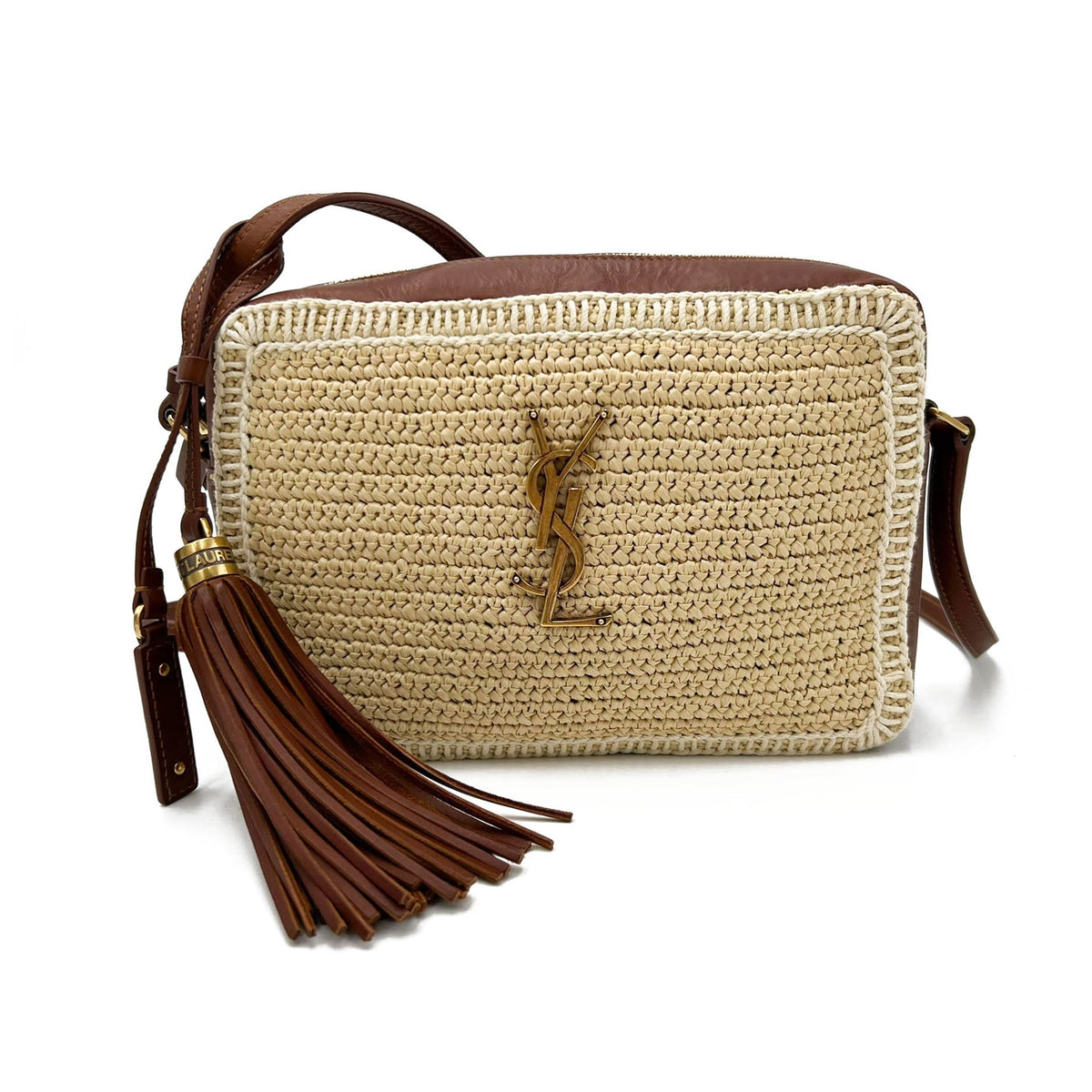 Saint Laurent Monogram Lou Camera Raffia Canvas Beige Brown Leather Shoulder Bag - photo 3