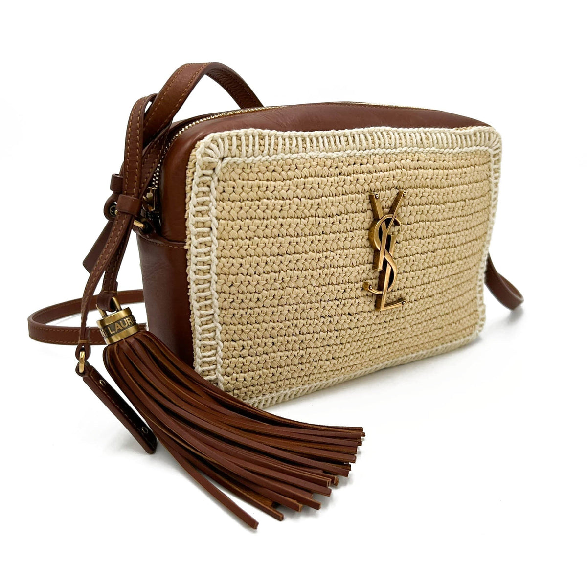 Saint Laurent Monogram Lou Camera Raffia Canvas Beige Brown Leather Shoulder Bag - photo 4