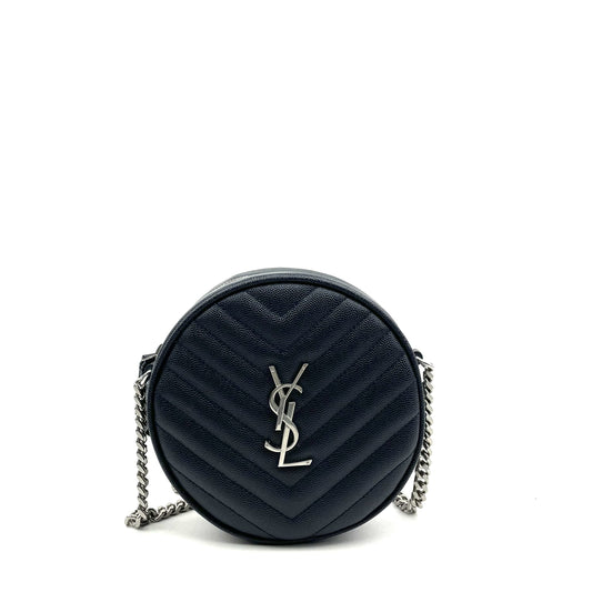 Saint Laurent Vinyle YSL Round Quilted Grain de Poudre Crossbody Blue - photo 1