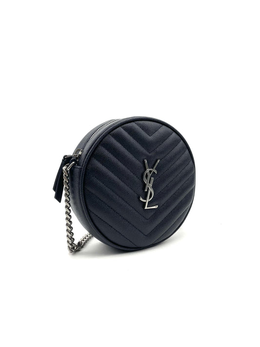 Saint Laurent Vinyle YSL Round Quilted Grain de Poudre Crossbody Blue - photo 2