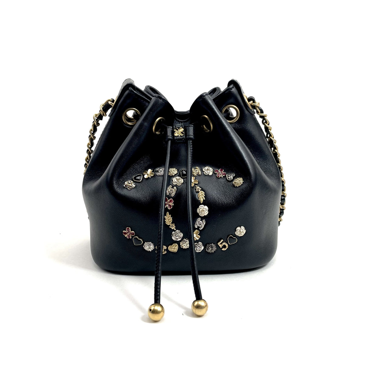 CHANEL Logo Charm CC Lambskin Drawstring Bucket Bag - image 1