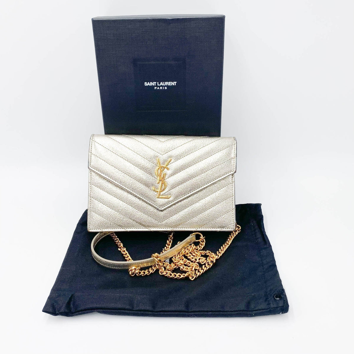 Saint Laurent Chain Wallet Monogram Envelope Metallic Calfskin Matelasse Chevron Pale Gold Leather Shoulder Bag - image 2